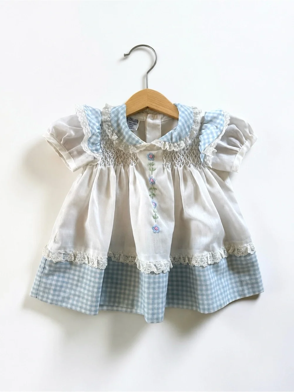 Vintage Polly Flinders Newborn Hand Smocked Baby Dress Blue Gingham Lace 0-3M